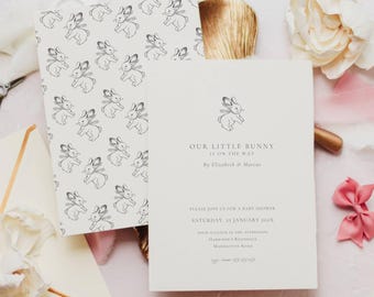 Invito minimalista per baby shower a tema coniglietto: Il nostro piccolo coniglietto (modello modificabile)