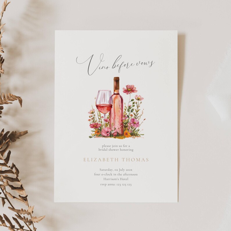 Vino Before Vows Bridal Shower Invitation: Wine Theme (Editable Template), Floral Vino Before Vows Bridal Shower Invitation Template