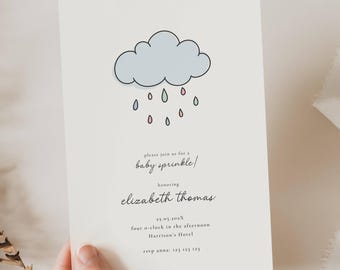 Invitación de nube de lluvia para bebé: Es una invitación de bebé, neutral en género, sencilla (plantilla editable)