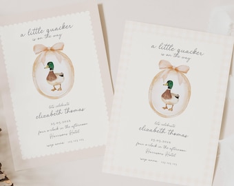Mallard Duck genderneutraal pastel babyshower uitnodiging: Little Quacker is onderweg (bewerkbare sjabloon), vintage, klein eendje