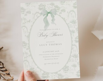Sage Green Toile Baby Shower Invitation: Sage Green Chinoiserie (Editable Template), Green Floral, Green Bow, Greenery, Vintage Floral