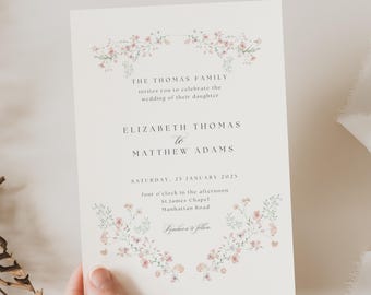 Wildflower-uitnodigingsset met rsvp QR-code, bruiloftsuitnodiging met wilde bloemen, bruiloftsuitnodiging met bloemen, sjabloonsuite bruiloftsuitnodiging, lentebruiloft, WD01