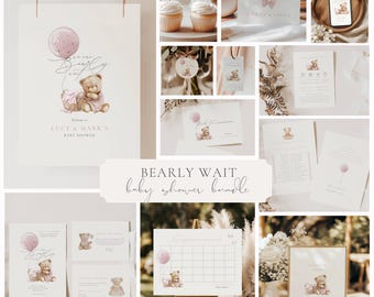 Könnte beinhalten: Eine Collage von Babyparty-Papeterie und Dekorationen. Enthält Einladungen, Cupcake-Topper, einen Kalender und ein Schild. Das Thema zeigt einen Teddybären, einen rosa Ballon und die Worte "Bearly Wait" und "baby shower bundle".