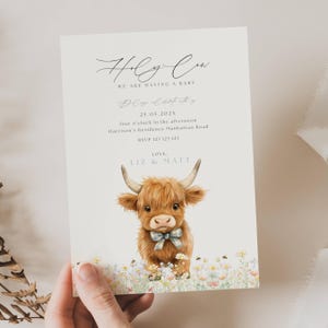 Invito per baby shower con mucca delle Highlands, invito per baby shower con mucca delle Highlands Boho, oh santo cielo, stiamo per avere un maschietto, baby shower con mucca, CP01