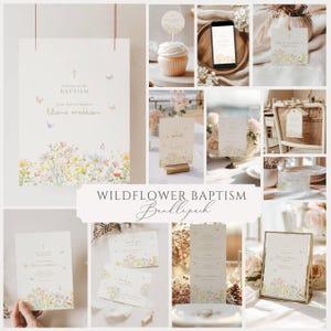 May include: A collection of baptism stationery with a wildflower theme. The set includes invitations, table cards, and a welcome sign. The designs feature floral illustrations, butterflies, and elegant typography. The text reads "Welcome to the Baptism" and "Wildflower Baptism Bundlepack."
