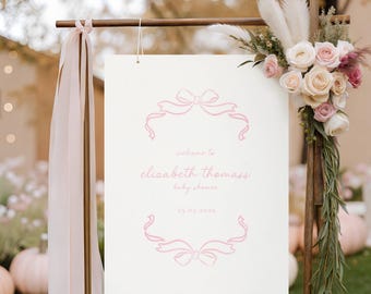 Rosa Bogen-Babyparty-Willkommensschild: Elegante rosa Schleife (editierbare Vorlage), rosa kokette Schleife Baby, süßes Mädchen auf dem Weg