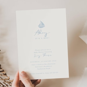 Ahoy Its A Boy Baby Shower Invites, Nautical Baby Shower Invitation, Sailbot Baby Shower Invite, Classic Light Blue Ahoy Its A Boy Baby AH11