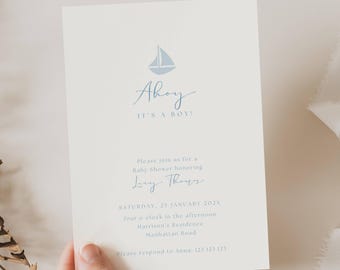 Ahoy Its A Boy Baby Shower Invites, Nautical Baby Shower Invitation, Sailbot Baby Shower Invite, Classic Light Blue Ahoy Its A Boy Baby AH11
