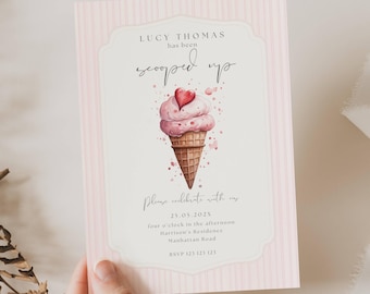 Invitación de She's Been Scooped Up, despedida de soltera con helado, invitación de despedida de soltera con helado, despedida de soltera con tema de helado rosa, SC01