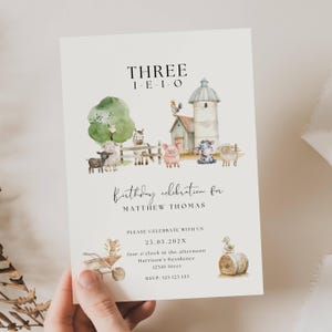 Trois I E I O anniversaire Invitation, faire-part d'anniversaire ferme trois, 3e anniversaire ferme Invitation, anniversaire animaux de la ferme inviter garçon, TR03