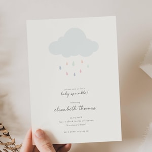 May include: A baby sprinkle invitation with a light blue cloud and pastel raindrops design. The invitation includes the text "please join us for a baby sprinkle" and details for Elizabeth Thomas's event, including the date, time, and location.
