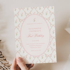 Vintage Pink Bow Floral Birthday Invitation, Elegant Coquette Bow Floral Birthday Invitation, First Birthday Preppy Bow Birthday Invitation Template