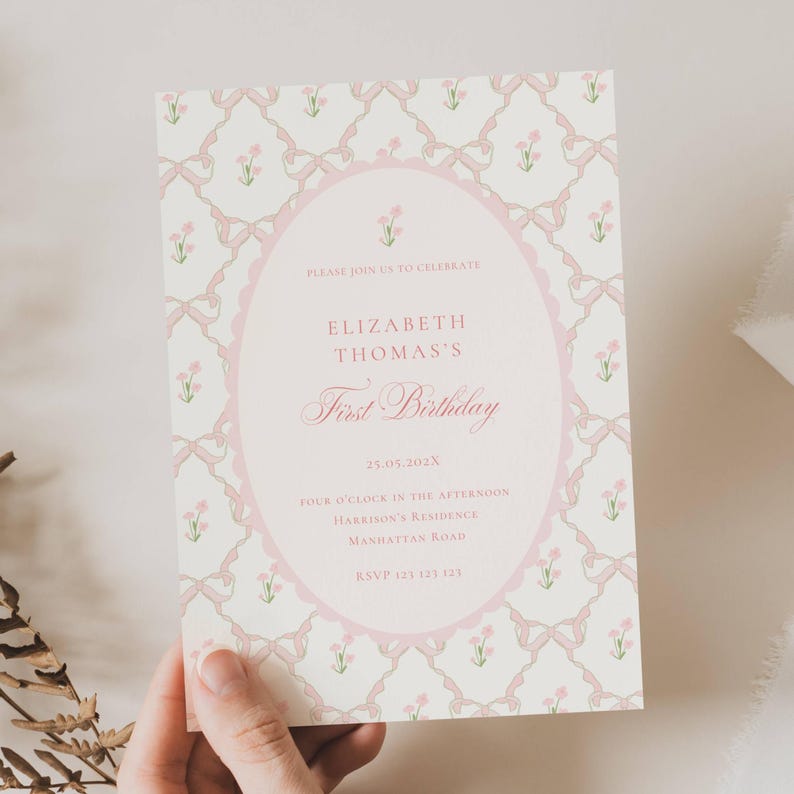 Vintage Pink Bow Floral Birthday Invitation, Elegant Coquette Bow Floral Birthday Invitation, First Birthday Preppy Bow Birthday Invitation Template