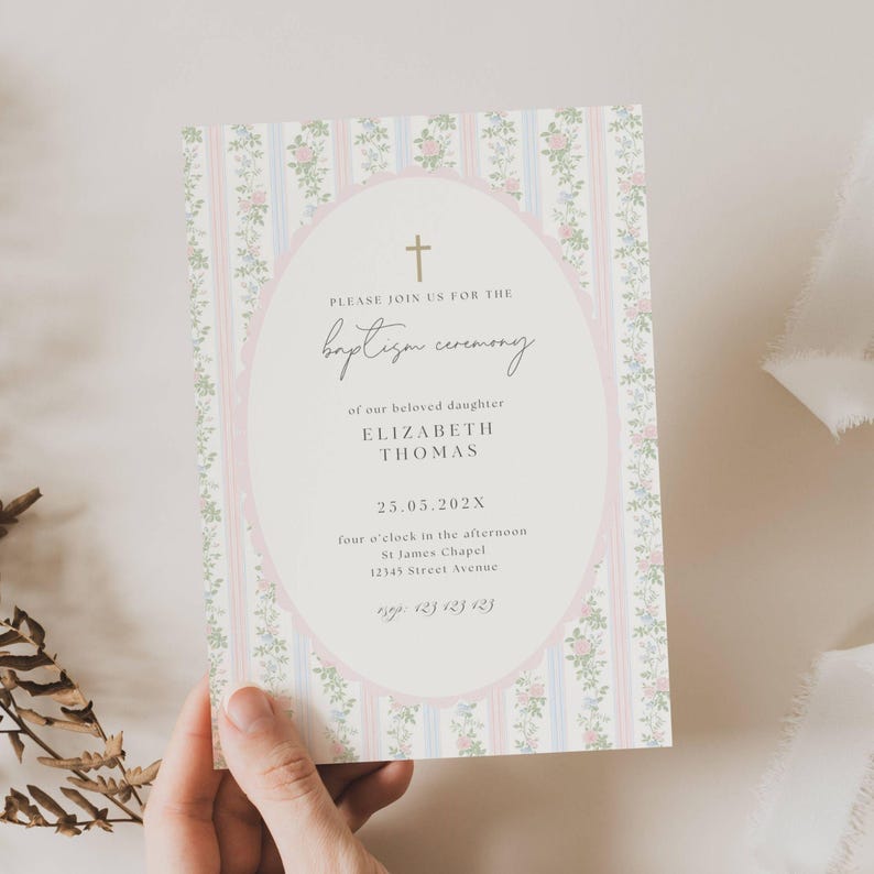 Grandmillennial Baptism invitation, Pink Blue Green Floral Baptism Invite, Classic Grandmillenial Baptism Girl, Vintage Baptism Girl