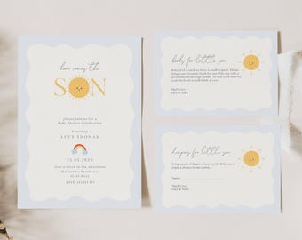 Peut inclure: Une invitation à une fête prénatale avec un fond bleu et blanc. L'invitation présente un soleil jaune avec un visage souriant et le texte "Here comes the son". L'invitation comprend également le texte "Please join us for a Baby Shower Celebration honoring Lucy Thomas" ainsi que la date et l'heure de la fête.