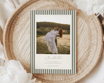 Olive Green Save the Date Invitation: Wedding Announcement, Stripes (Editable Template)