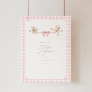 Pink Gingham Bow Baby Shower Welcome Sign, Pink Bow Baby Shower Welcome Sign, Pink Ribbon Baby Shower Welcome Sign, Pink Bow Girl, BWS