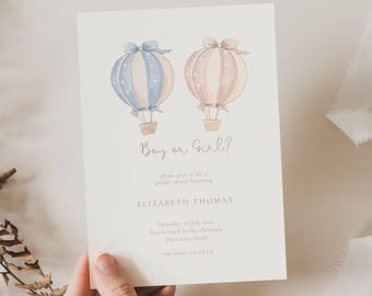 Hot Air Balloon Gender Reveal Invitation: Up In The Air (Editable Template), Adventure Awaits, Boy or Girl, He or She