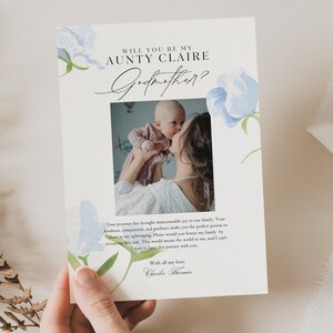 Plantilla de tarjeta de propuesta de matrimonio para madrina, tarjeta de propuesta de matrimonio con foto imprimible, propuesta de matrimonio moderna editable para madrina, GM01