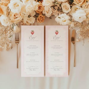 Strawberry Baby Shower Invitation, A Sweet Berry Is On The Way Baby Shower Invitation, Pink Coquette Strawberry Baby Shower Menu Card, FR01