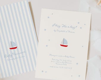 May include: Baby shower invitations with a nautical theme. One card features a blue and white striped pattern with a sailboat graphic. The other card has the text "Ahoy. It's a boy!" and a sailboat graphic. The invitations are light blue and red.