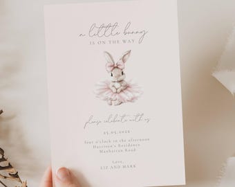 Ballerina Bunny Baby Shower Invitation: Bunny Is On The Way, Pink Vintage (Editable Template)