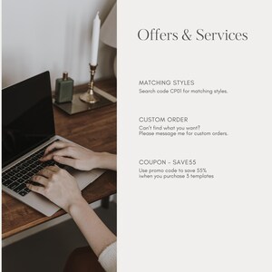 May include: A person typing on a laptop on a wooden desk. The image includes text that reads "Offers & Services", "MATCHING STYLES", "CUSTOM ORDER", and "COUPON - SAVE55". A candle and a small green bottle are also visible.