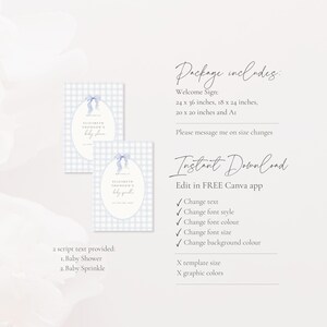May include: Two baby shower welcome signs with a blue gingham pattern and a bow illustration. The signs are oval-shaped with text that reads "Elizabeth Thomson's baby sprinkle". The package includes signs in various sizes, including 24 x 36 inches.