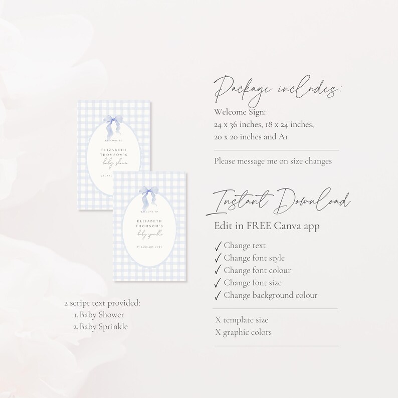 May include: Two baby shower welcome signs with a blue gingham pattern and a bow illustration. The signs are oval-shaped with text that reads "Elizabeth Thomson's baby sprinkle". The package includes signs in various sizes, including 24 x 36 inches.