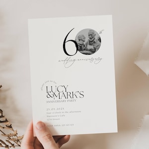 Faire-part 60e anniversaire de mariage, faire-part modifiable 60e anniversaire, invitation anniversaire doré, invitation anniversaire avec photo, AN01