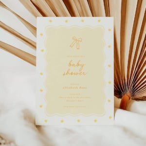Yellow Baby Shower Invitation: Whimsical Bow (Editable Template), Lemon Yellow, Handrawn, Gender Neutral, Wavy Border Yellow Baby Shower Invitation Template