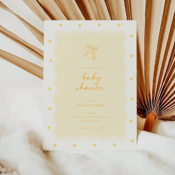 Yellow Baby Shower Invitation: Whimsical Bow (Editable Template), Gender Neutral, Lemon Yellow, Handrawn, Wavy Border
