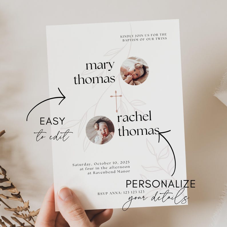 Catholic Baptism Invitation Girl, Twin Girl Baptism Invitations