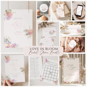 Liefde in bloei bruids douche uitnodiging, bloemen vrijgezellenfeest uitnodiging, wilde bloemen vrijgezellenfeest uitnodigingsbundel, paarse bloemen, FW01