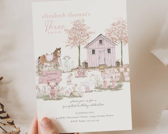 Pink Farm Birthday Invitation, Three-I-E-I-O 3rd Birthday Invite, Barnyard Girl Party, Farm Animal Party, 3rd Birthday Farm Invite Girl TR03