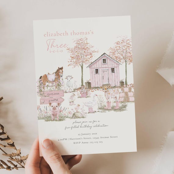Pink Farm Birthday Invitation, Three-I-E-I-O 3rd Birthday Invite, Barnyard Girl Party, Farm Animal Party, 3rd Birthday Farm Invite Girl TR03