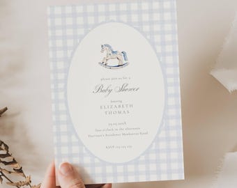 Rocking Horse Baby Shower Invitation Boy, Boy Baby Shower Invitation Rocking Horse, Light Blue Gingham Rocking Horse Baby Shower Invite