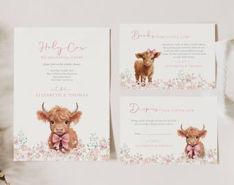 Highland Cow Girl Baby Shower Invitation: Holy Cow We Are Having A Baby, Rustic, Boho, Pink (Editable Template)