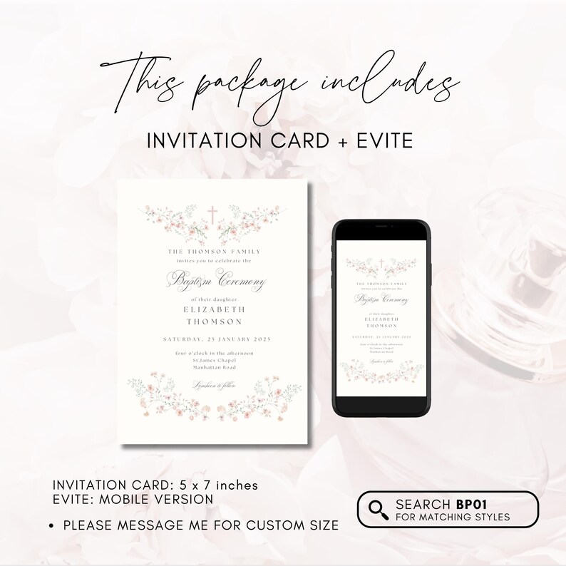 Baptism Invitation Template Rustic Pink Flowers, Girls Baptism