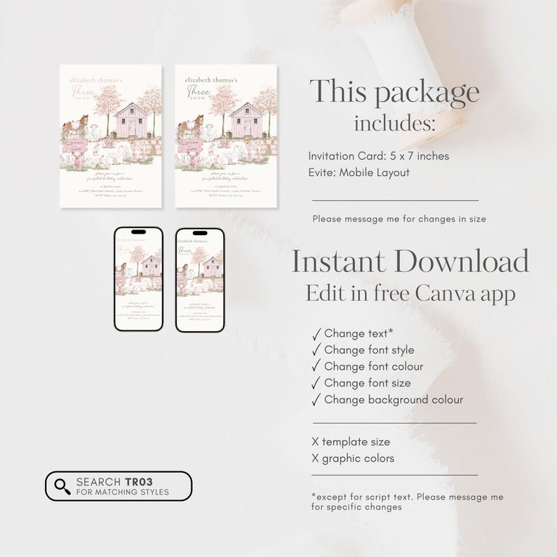 Pink Farm Birthday Invitation, Three-I-E-I-O 3rd Birthday Invite, Barnyard Girl Party, Farm Animal Party, 3rd Birthday Farm Invite Girl Invitation Template, Canva Editable Template