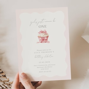 Girls Just Wanna Be One Birthday Invite, Coquette Pink Bow 1st Birthday Invitation Girl, First Birthday Pink Bow Invitation Template, BOW2