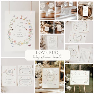 Plantilla de invitación para baby shower "Nuestro pequeño bicho del amor": Bicho del amor de flores silvestres (plantilla editable), bichos, insectos, paquete