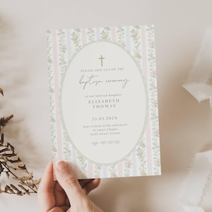 Grandmillennial Baptism invitation, Pink Blue Green Floral Baptism Invite, Classic Grandmillenial Baptism Girl, Vintage Baptism Girl