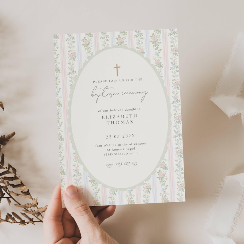 Grandmillennial Baptism invitation, Pink Blue Green Floral Baptism Invite, Classic Grandmillenial Baptism Girl, Vintage Baptism Girl