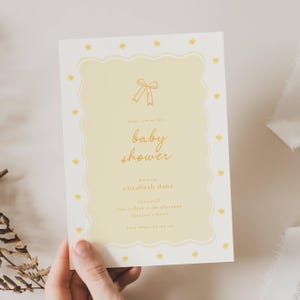 Yellow Baby Shower Invitation: Whimsical Bow (Editable Template), Lemon Yellow, Handrawn, Gender Neutral, Wavy Border Yellow Baby Shower Invitation Template