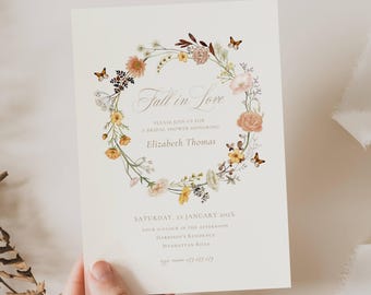 Fall Floral Bridal Shower Invitation, Boho Wildflower Bridal Shower, Autumn Bridal Shower Invitation, Fall In Love Autumn Bridal Shower FW01