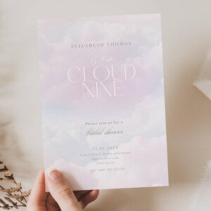 Brautparty-Einladungen der Wolke 9, sie auf Wolke neun Brautparty, Brautdusche des rosa blauen Himmel-Wolke neun, Brautparty der Wolke 9, MB01