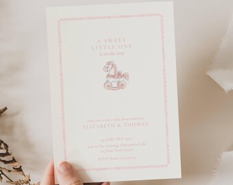 Rocking Horse Baby Shower Invitation: Pink Rocking Horse (Editable Template), Watercolor, Handrawn, Whimsical, Classic