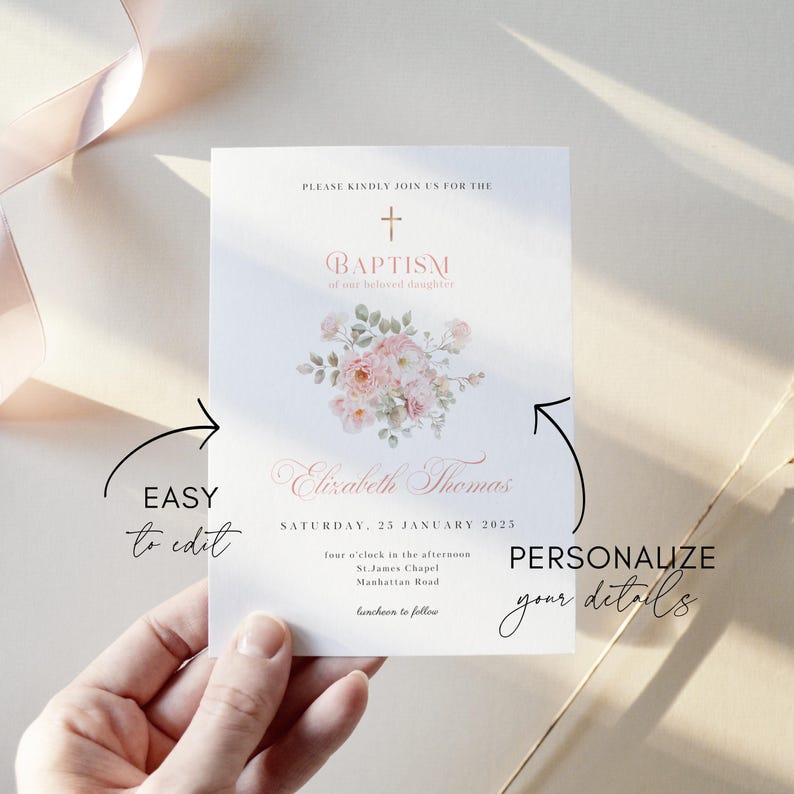 Dusty Pink Invitation Baptism, Baptism Invitation Template Rustic Pink