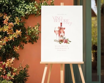 Vino Before Vows Bridal Shower Welcome Sign: Wine Theme, Rose, Floral (Editable Template)